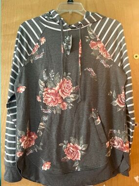 Maurices Charcoal Gray Floral & Stripe Hooded Sweatshirt